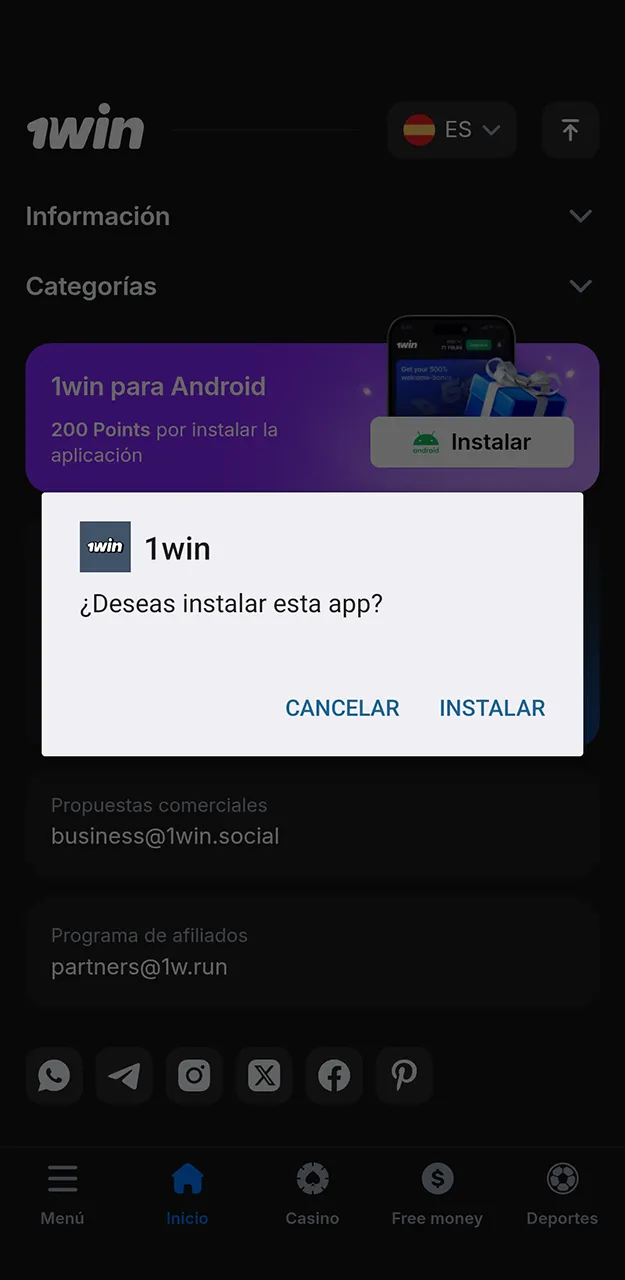 Ejecuta el archivo de instalación de la aplicación 1win para dispositivos Android.