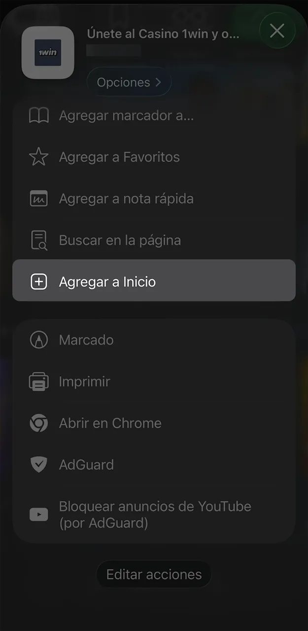 Añade la aplicación 1win al escritorio de tu dispositivo para tener acceso inmediato a las apuestas.