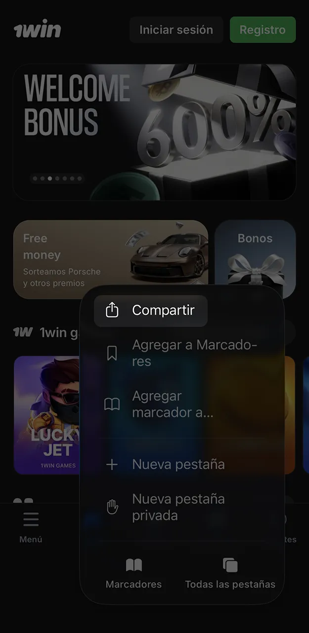 Abre el menú del navegador Safari y comienza a instalar la aplicación 1win para dispositivos iOS.